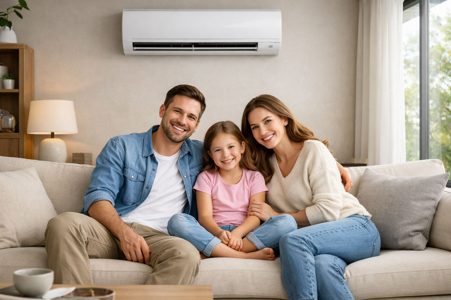A happy family sitting on a sofa under a wall-mounted mini-split air conditioner.
