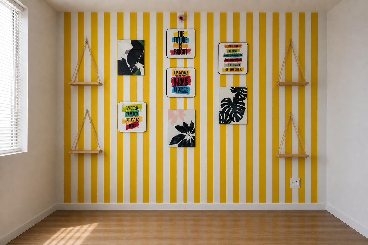 Yellow and white vertical striped accent wall featuring motivational posters and hanging wooden shelves.