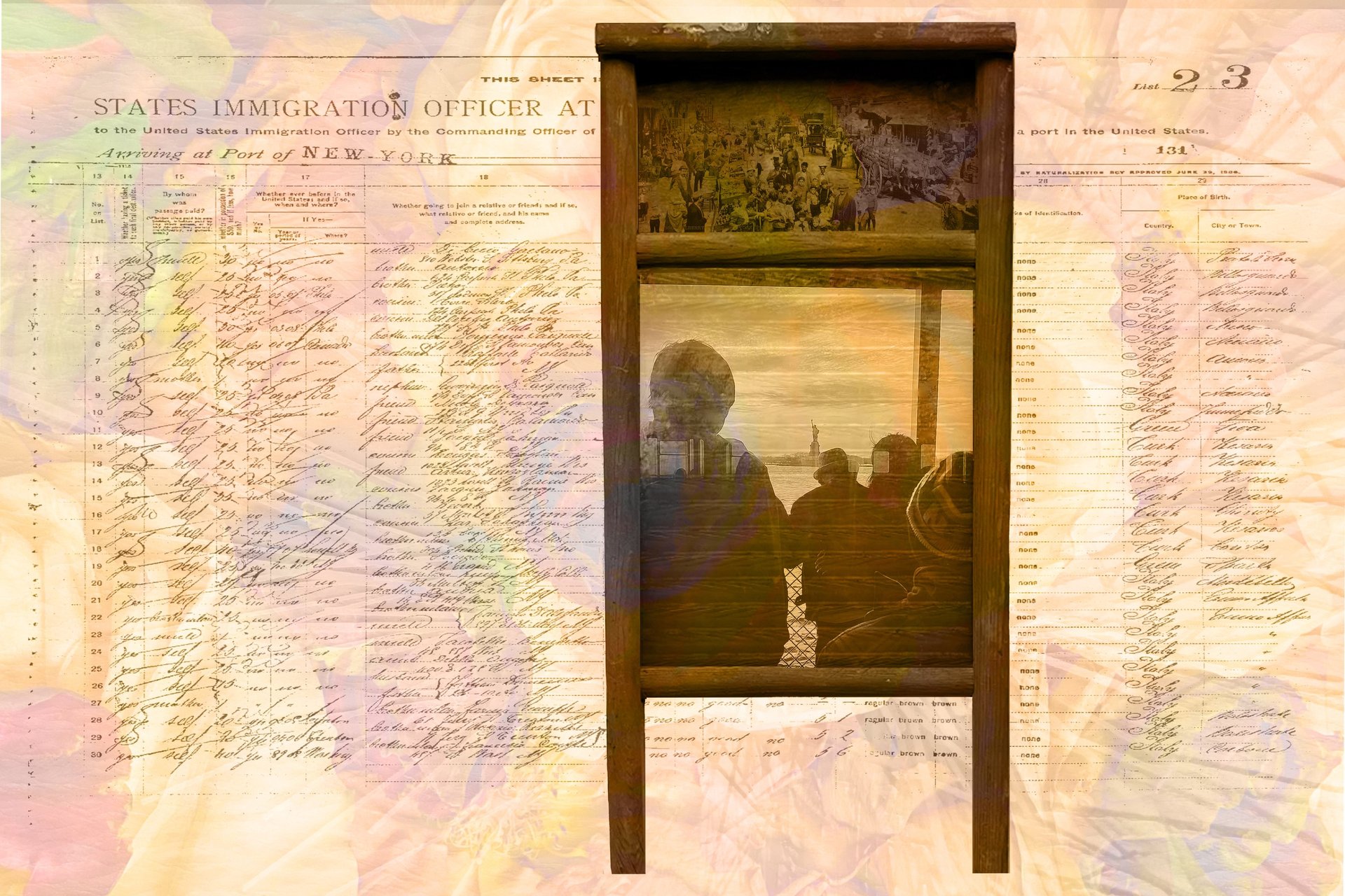 Digital art collage featuring vintage Ellis Island immigration records, family and Statue of Liberty