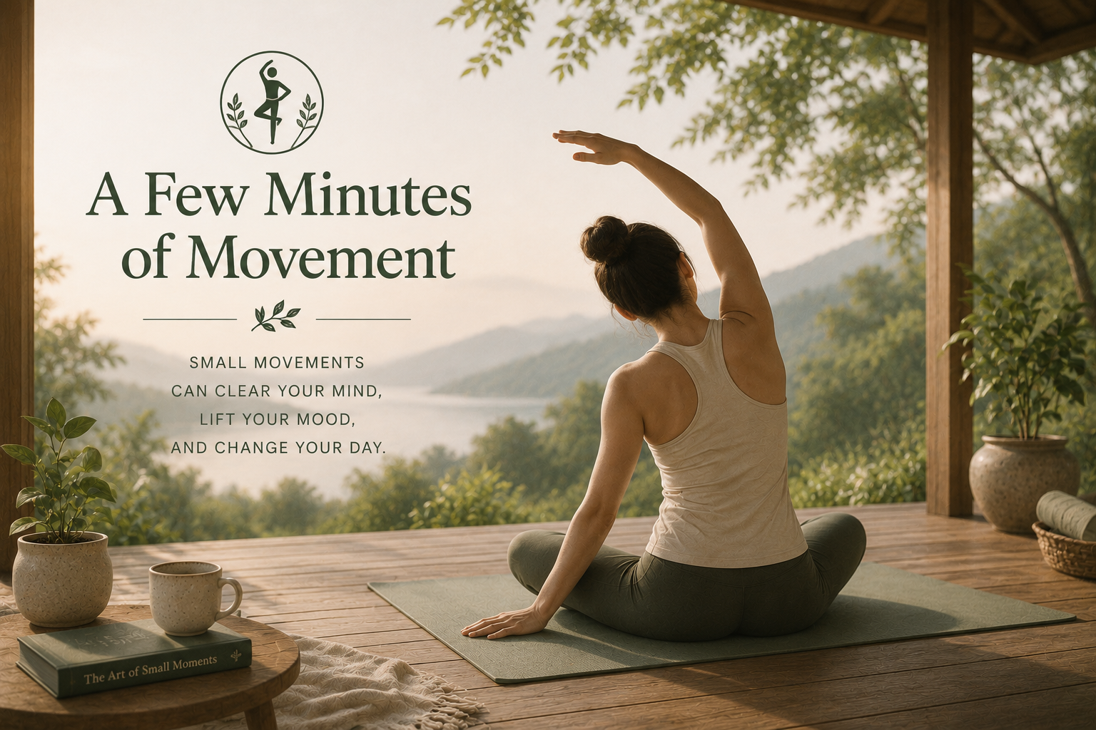 Person practising gentle yoga in a peaceful outdoor pavilion, representing movement, wellbeing.