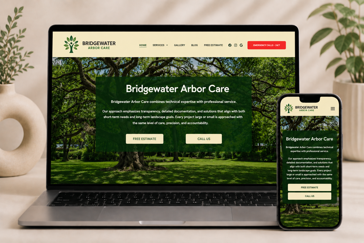 Bridgewater Arbor Care website design by GVilla Design mockup on a laptop and smartphone
