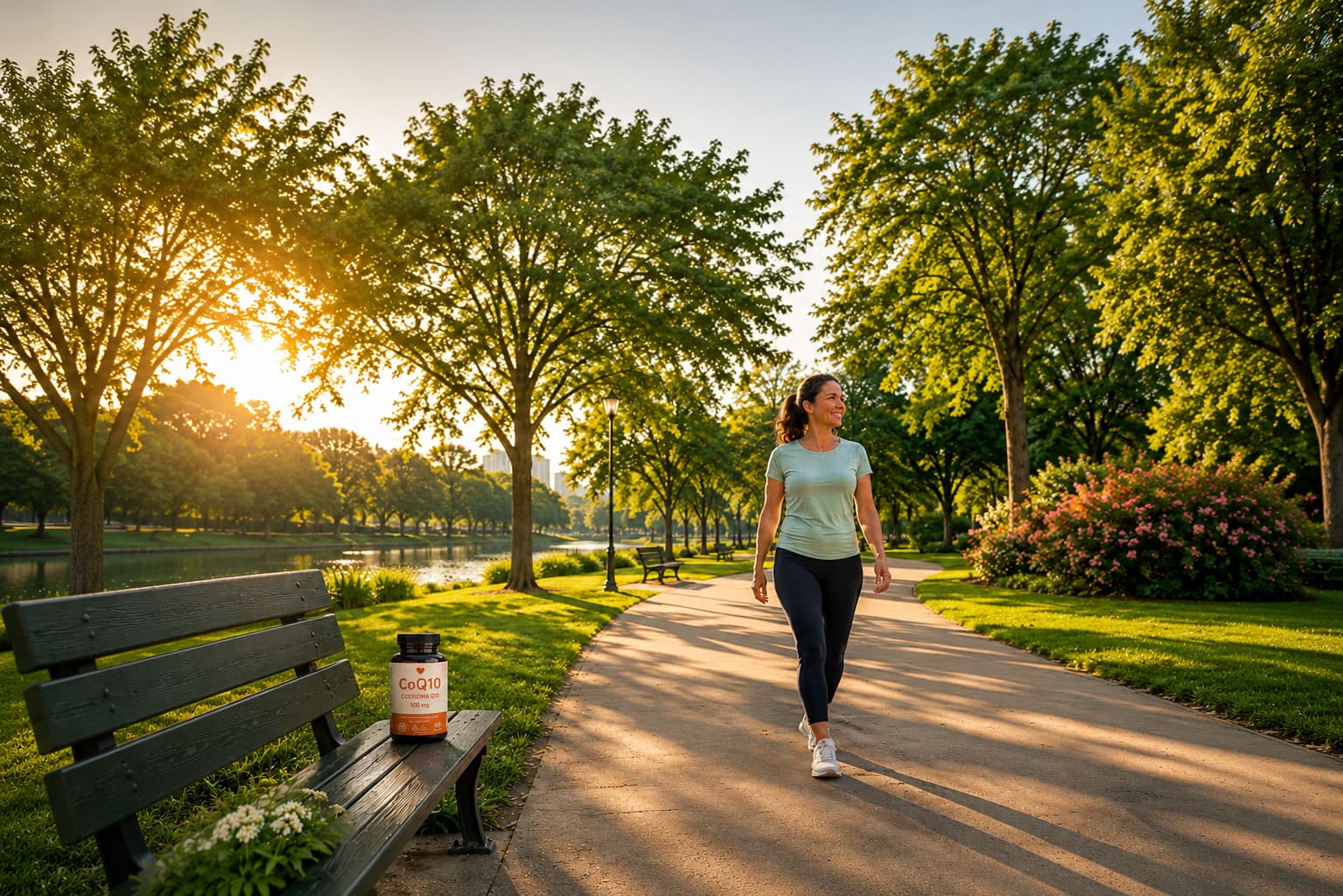 Mulher praticando caminhada em parque com suplemento de Coenzima Q10 em destaque.