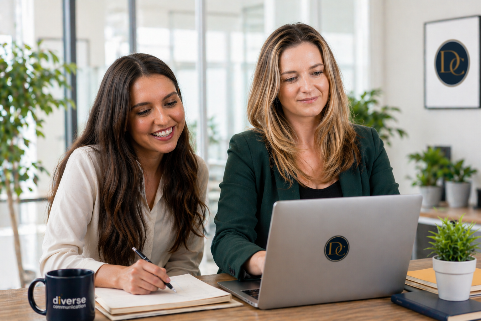Professionals in a Brighton & Hove office, reviewing digital marketing and communication strategies together on a laptop.