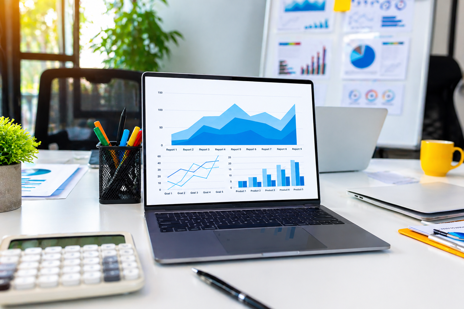 Office desk with a laptop displaying blue graphs