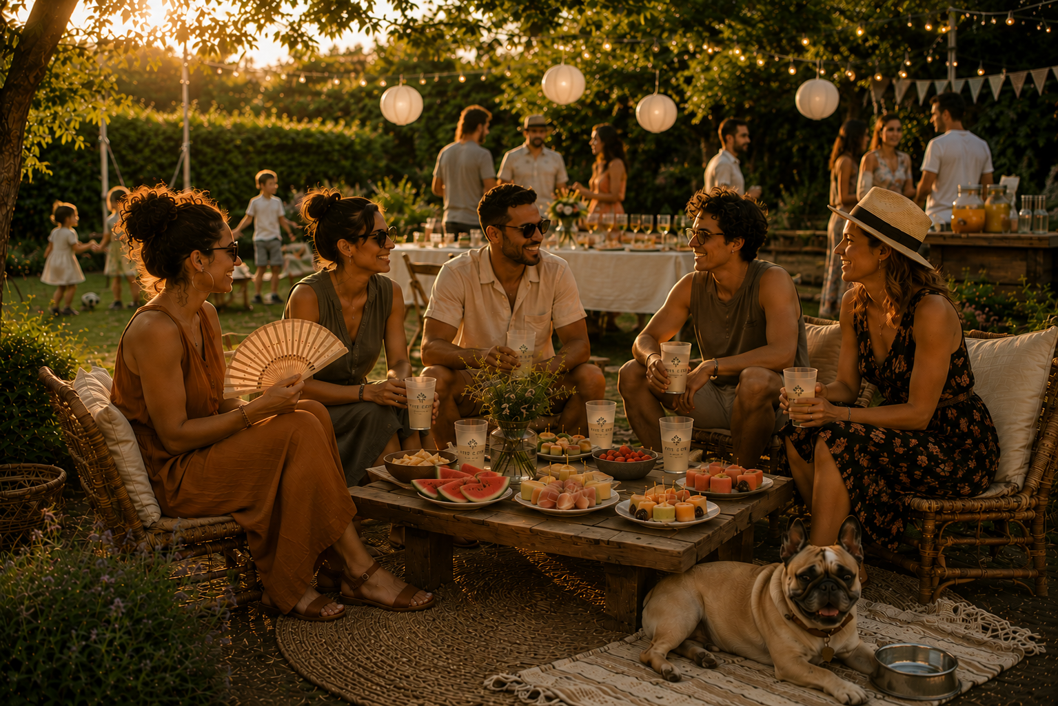Invités profitant d’un événement en extérieur avec espace lounge, boissons fraîches, éventail et bou