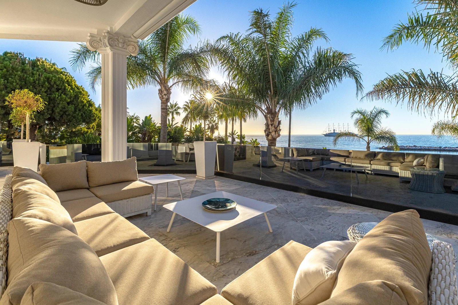 Outdoor lounge area in high-end Marbella villa close to Puerto Banus