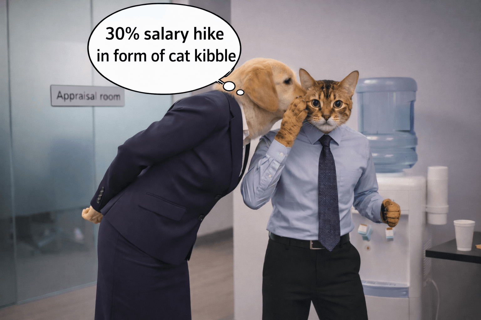 Funny office meme featuring a dog in a suit whispering a salary hike offer to a cat coworker.