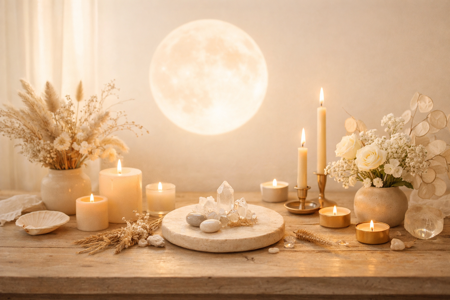 Altar de luna llena con velas y flores, ambiente cálido