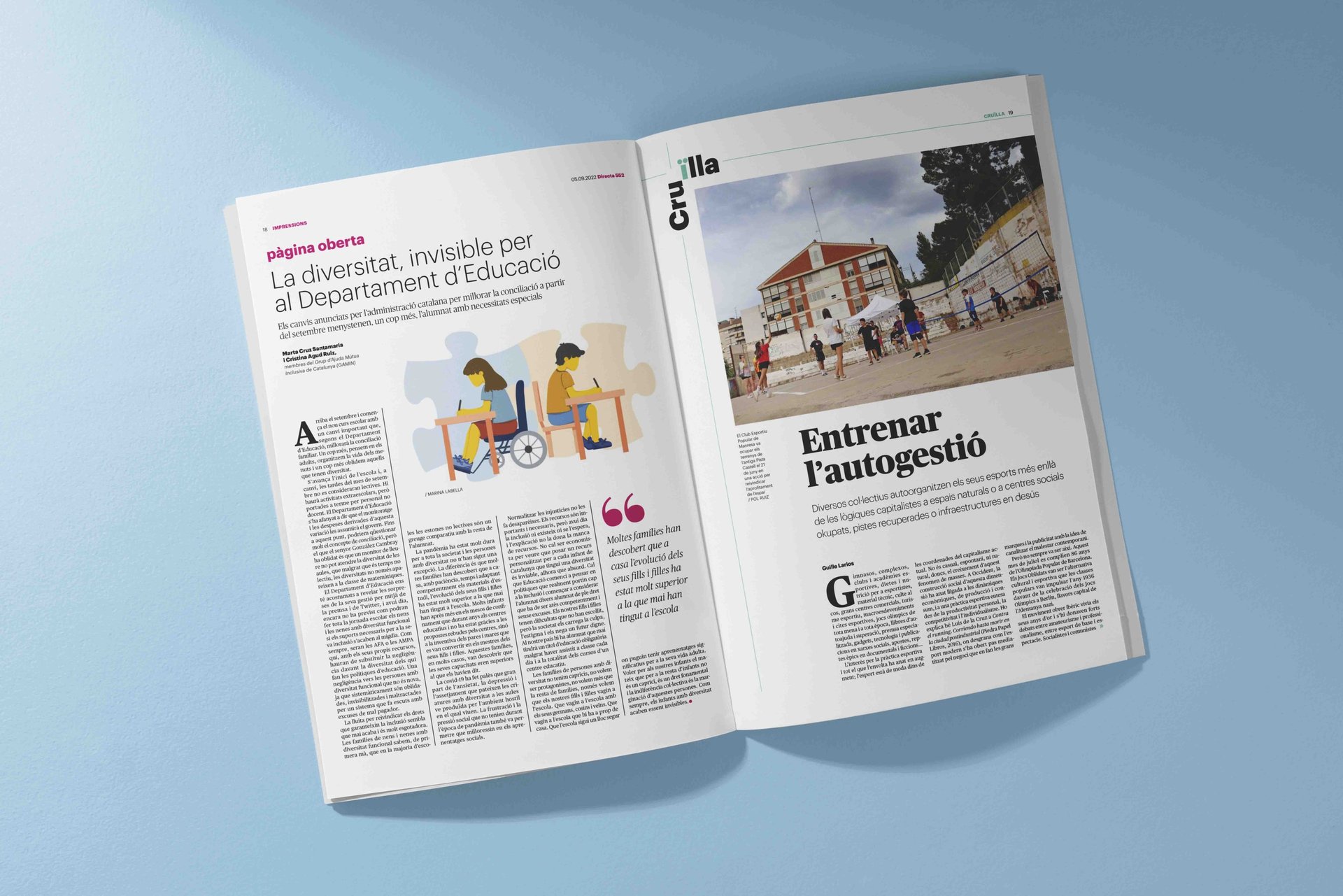 magazine article with an illustration of a disabled girl sitting on a wheel chair doing homework