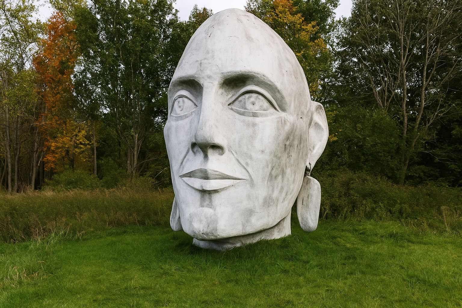 Massive stone sculpture of a human face known as “Mother Earth” at Taconic Sculpture Park in Spencertown, New York, surrounde