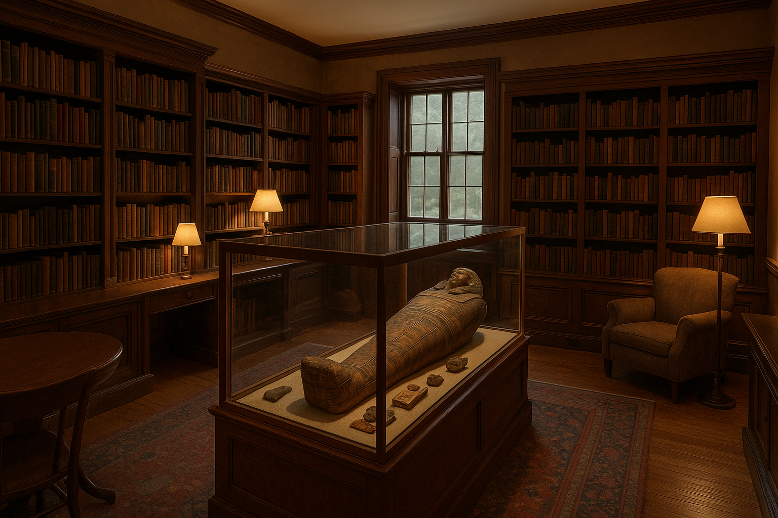 A cozy historic library room with a glass case displaying an ancient Egyptian mummy and artifacts, warm lighting and wooden s