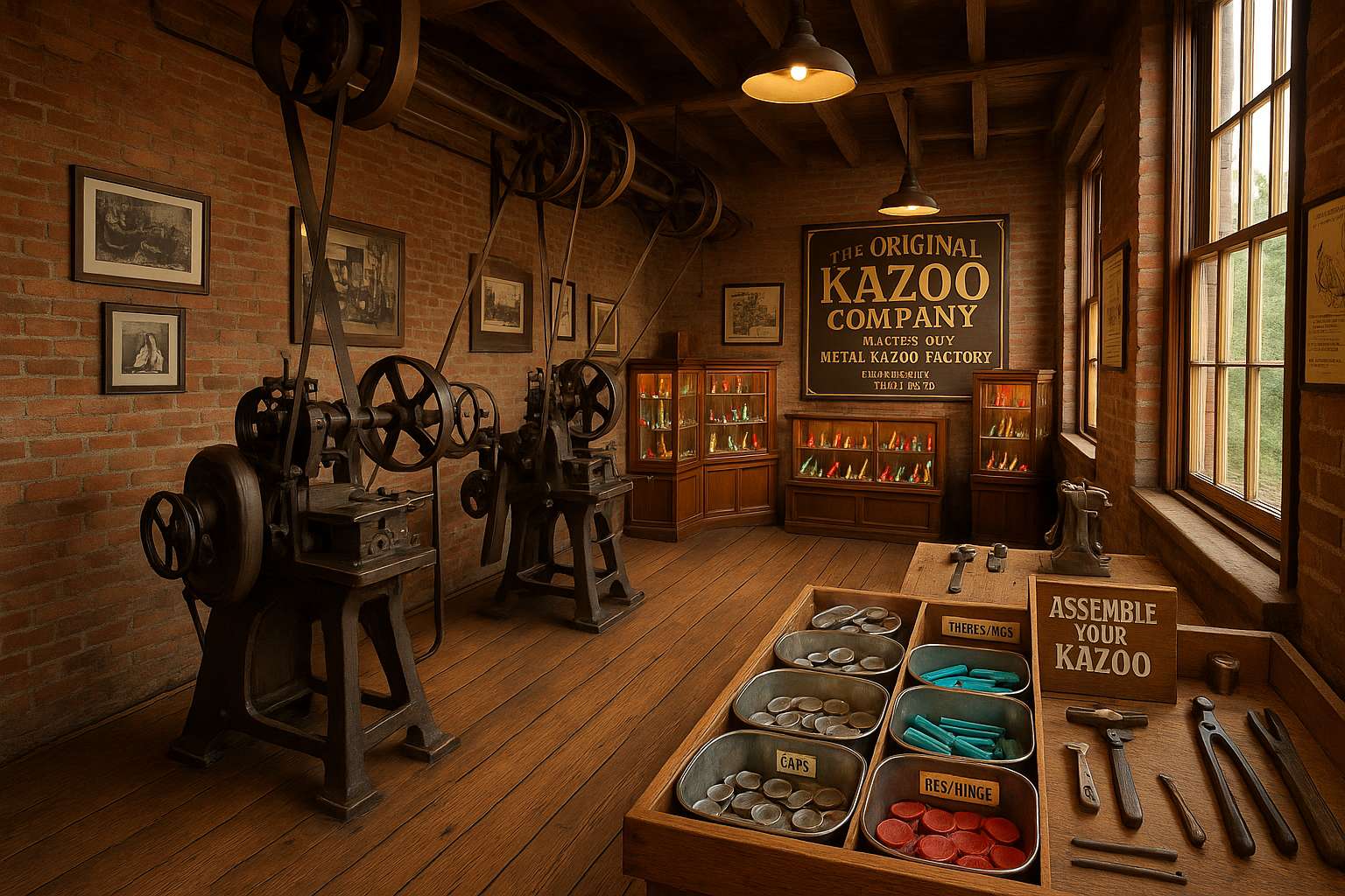 Interior of the Original Kazoo Museum and Factory in Eden, New York, showing vintage kazoo-making machinery, display cases wi