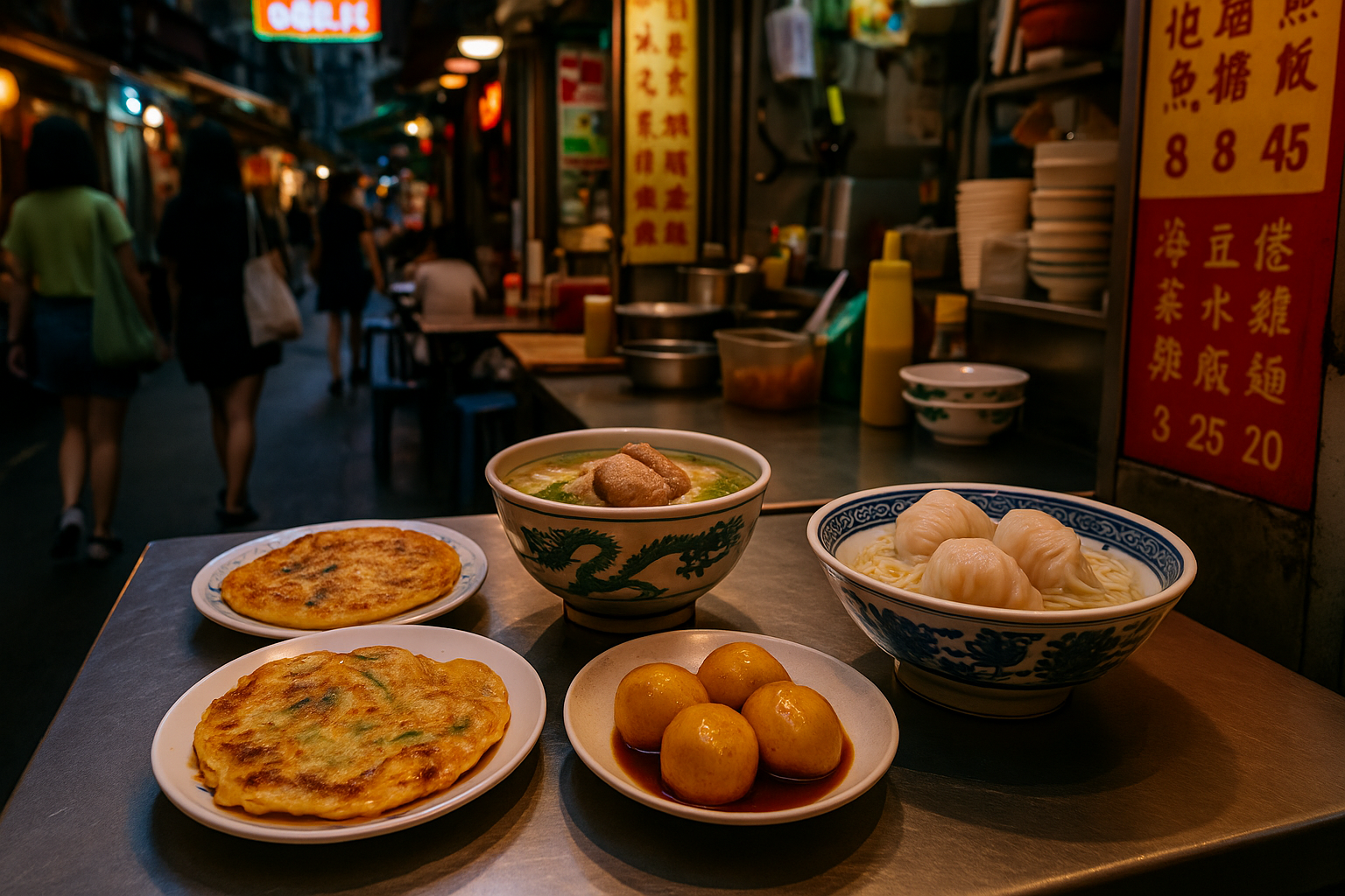 Assortment of authentic Hong Kong street food including dim sum, scallion pancakes, fish balls, and noodle soup displayed on