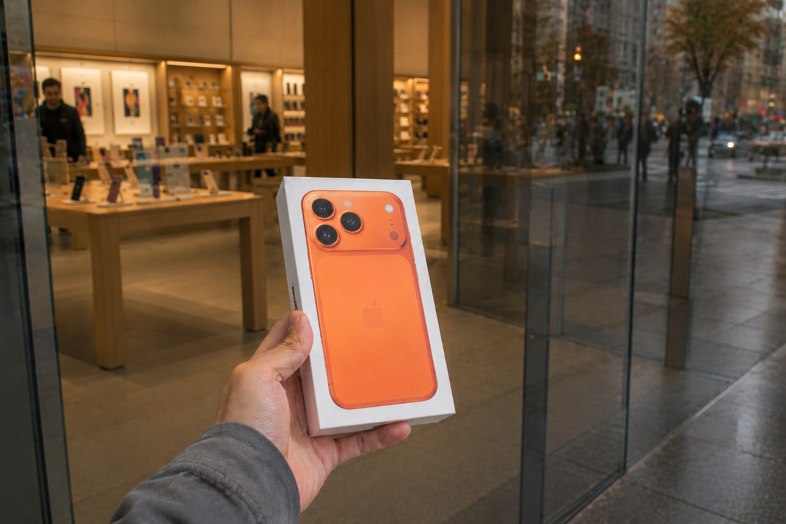 Hand holding a new orange iPhone box in front of an Apple retail store window.