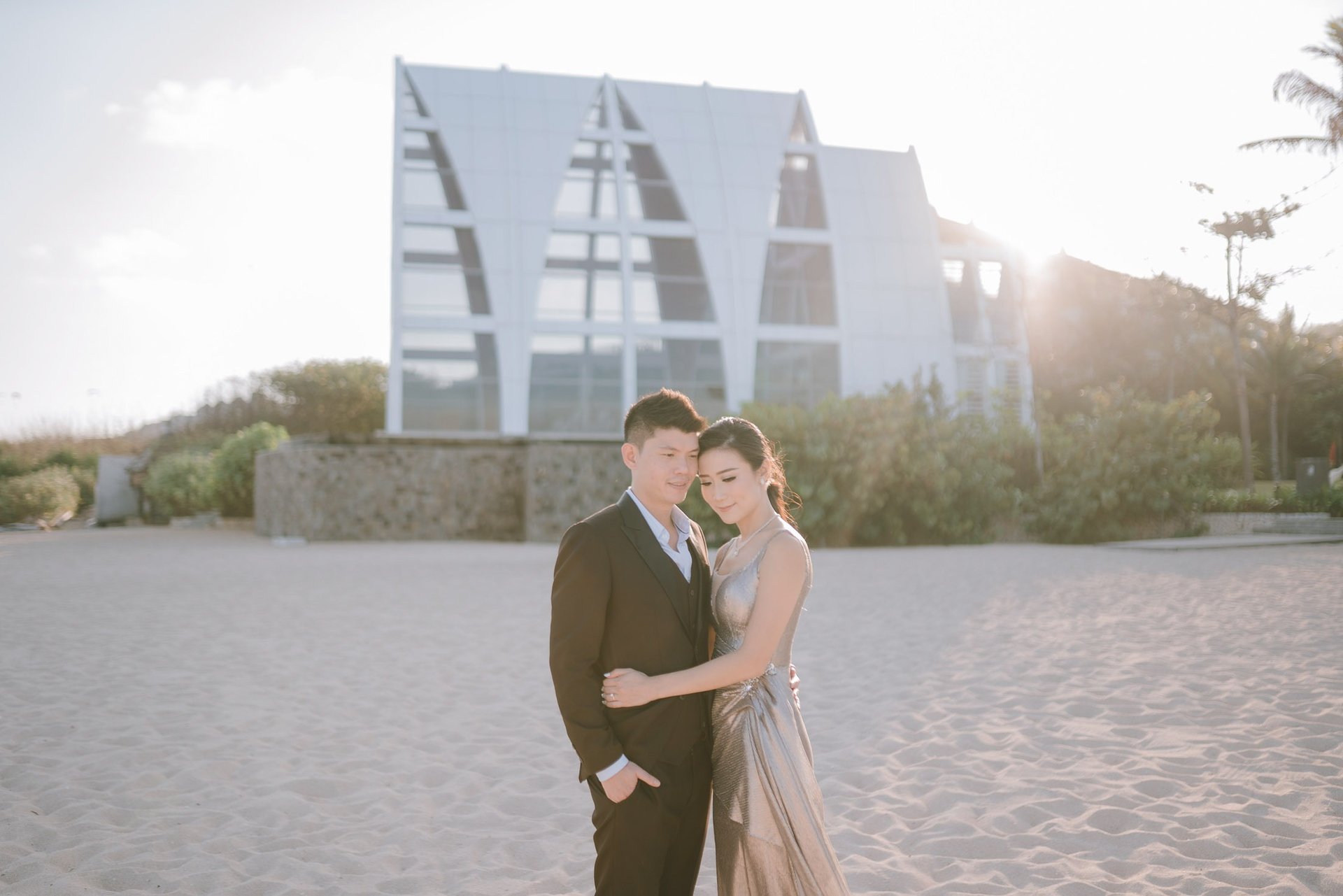 Romantic prewedding portrait at chapel courtyard of The Ritz-Carlton Nusa Dua Bali.