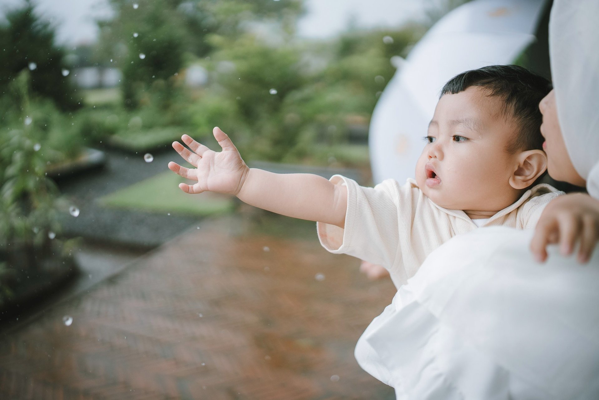 Baby reaching hands during a family photography session at Bali Farm House Bedugul Bali.