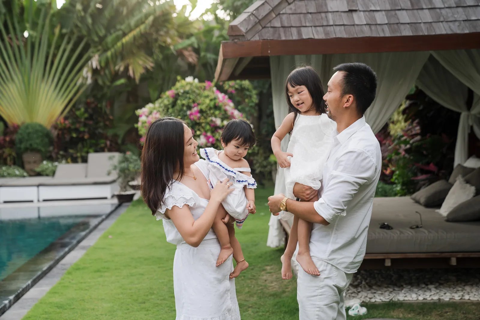 Natural family moments at a tropical private villa in Seminyak Bali.