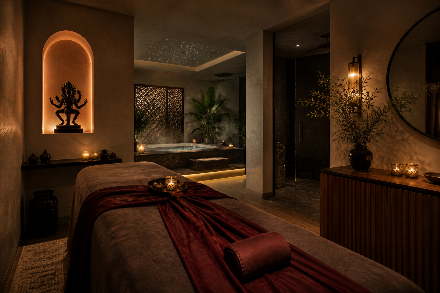 Ambiente relaxante preparado para massagem tântrica em Matosinhos com iluminação suave e atmosfera acolhedora.