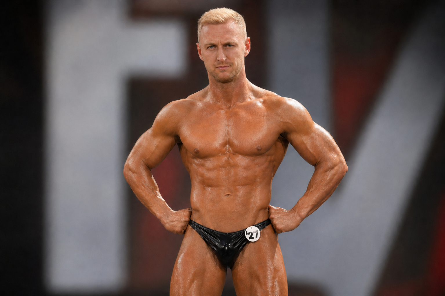 Robb Sheridan bodybuilding flexing defined abdominal and shoulder muscles during a competition.