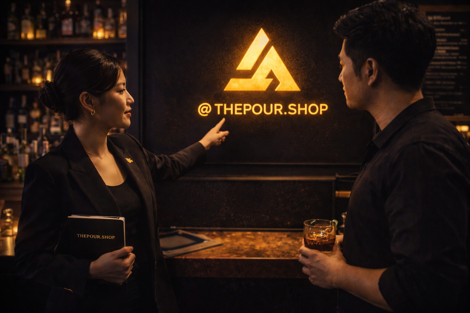 Staff explaining brand display board to customer inside venue