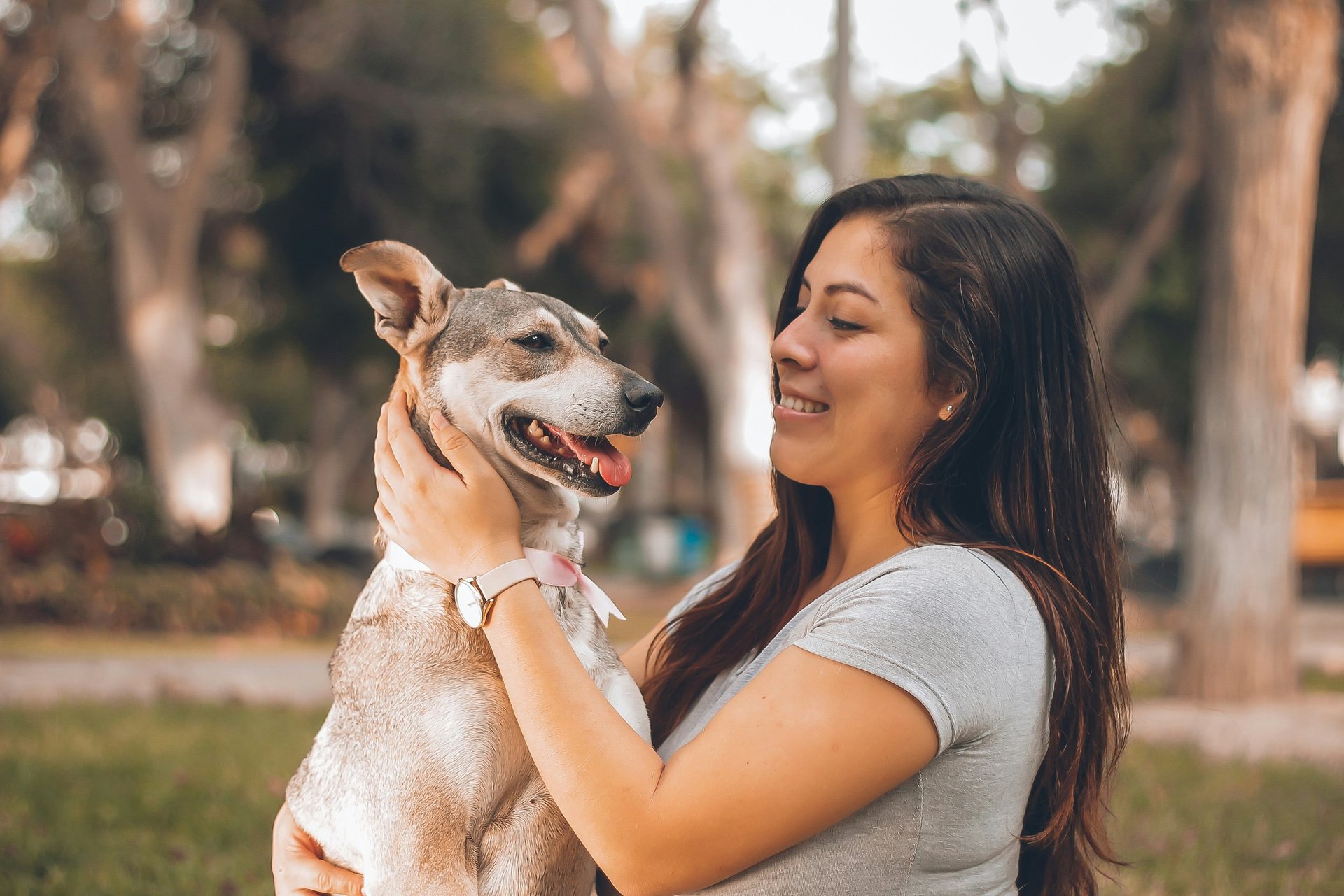 Women holding gray and white dog