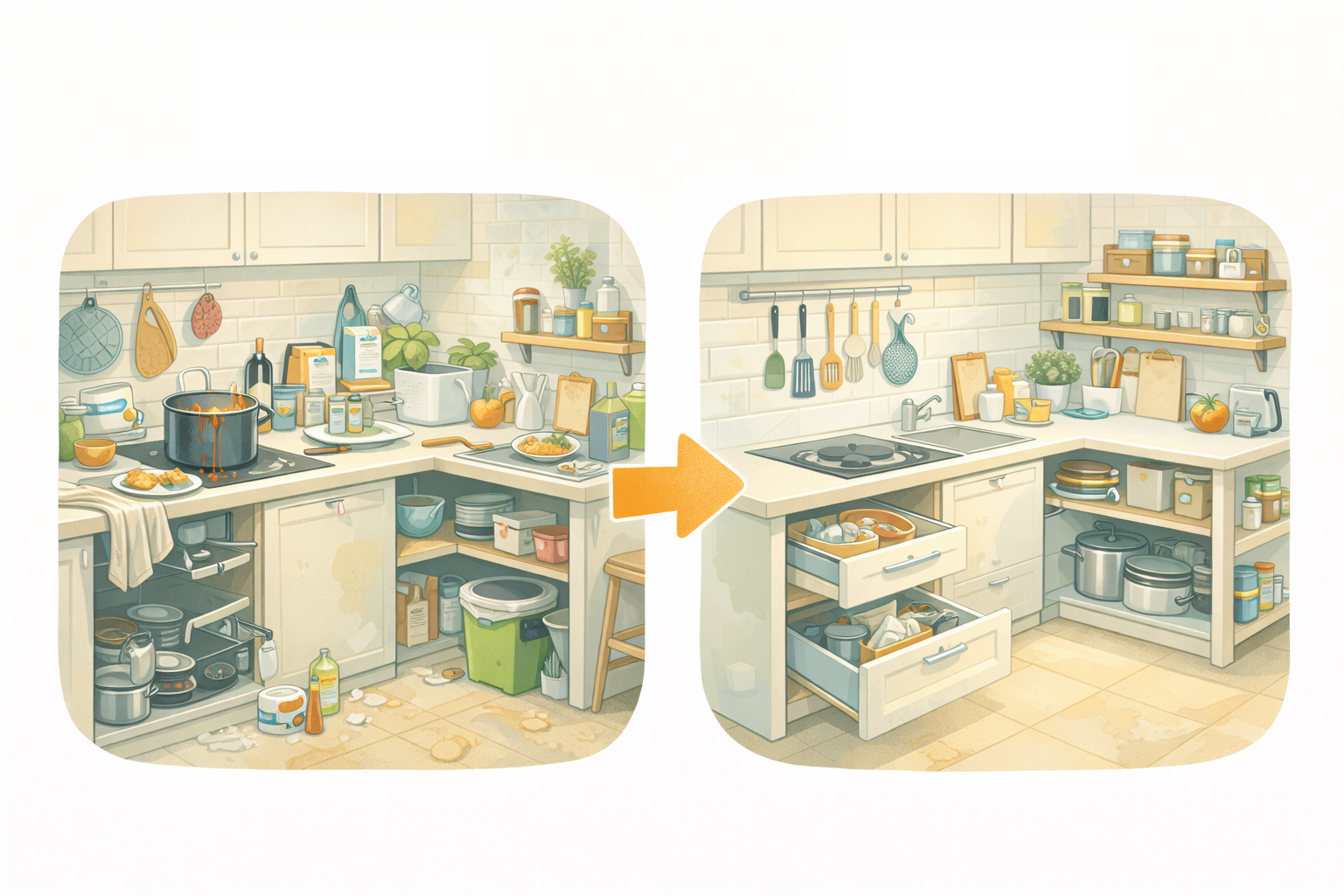 Cocina pequeña con estantes y cajones organizados de forma eficiente.