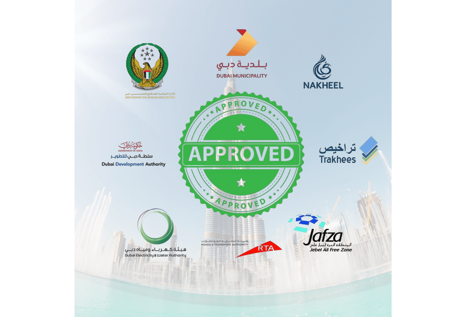 UAE Authority Approvals Dubai Municipality DCD DEWA Trakhees Jafza Approved Stamp - DesignLine Studi