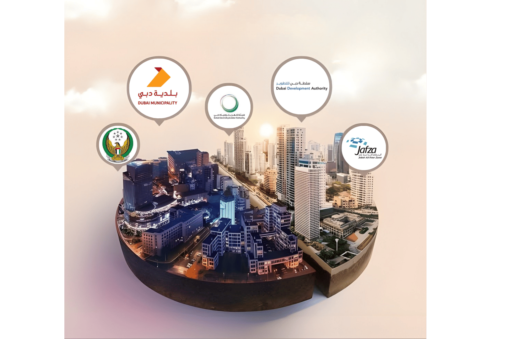Dubai construction authority approval benefits showing DM DDA and Jafza logos with Dubai skyline - D