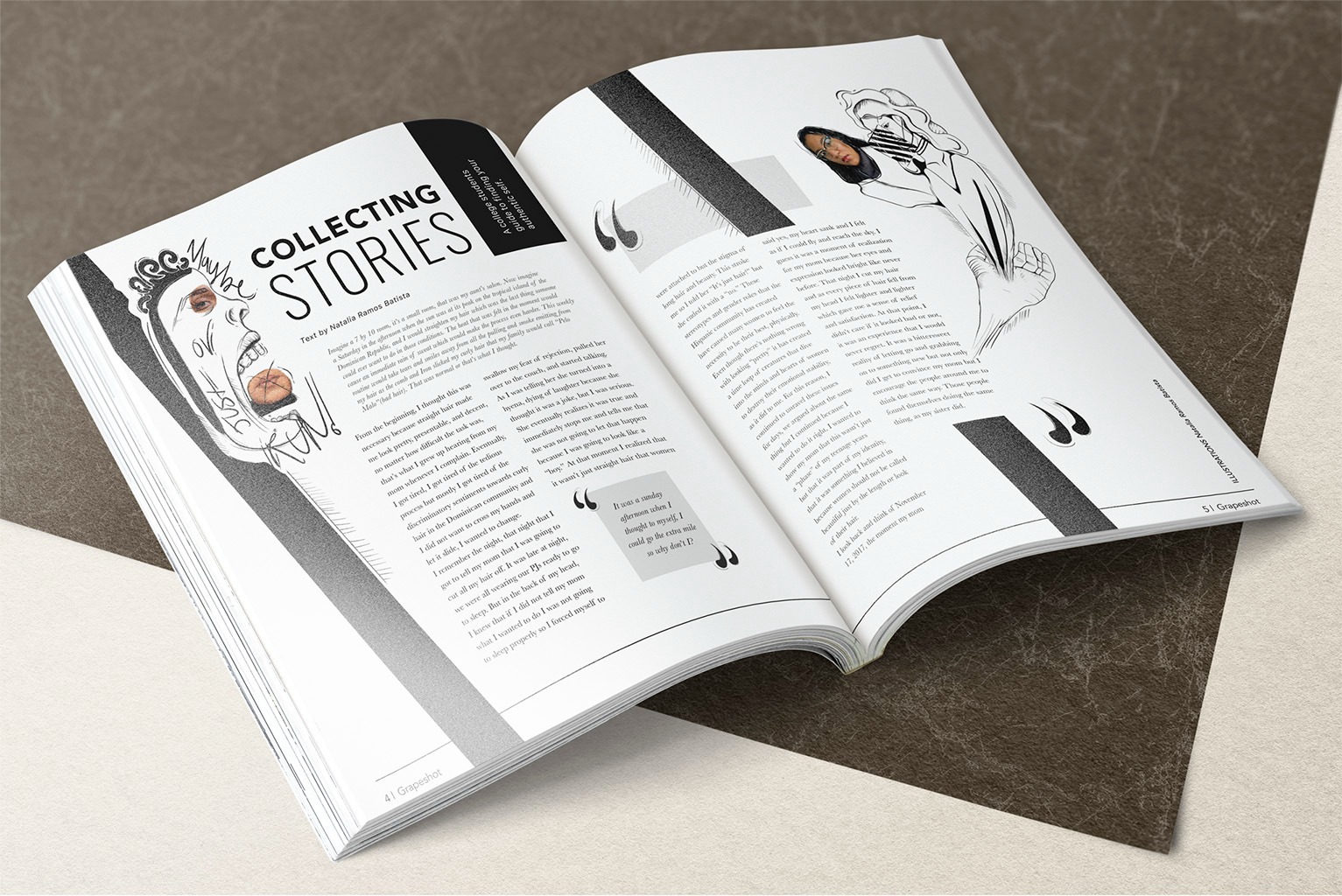 An open magazine layout featuring a story titled Collecting Stories with artistic line drawings and text.
