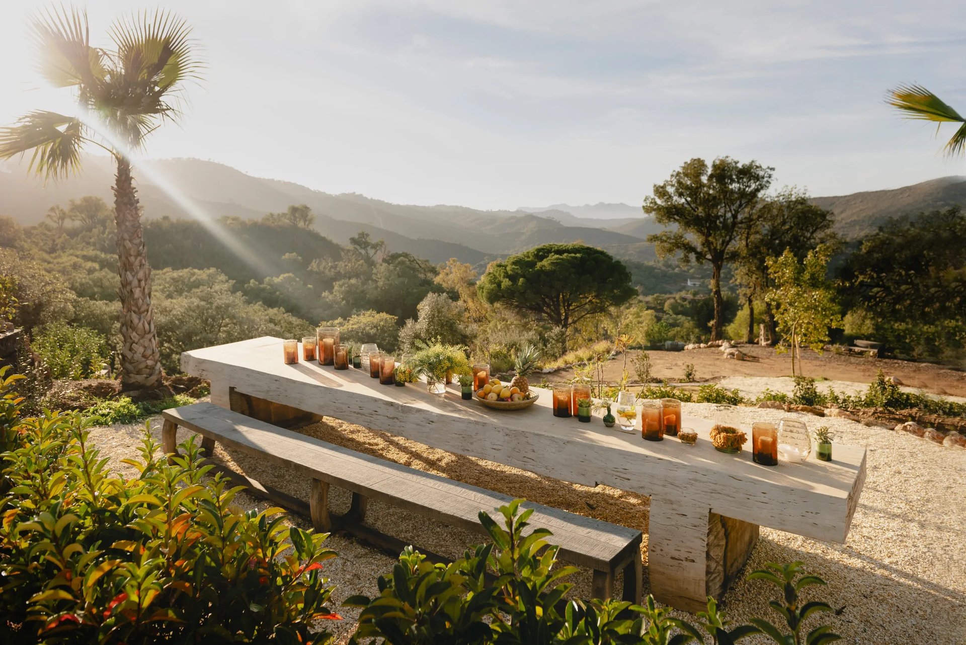 Outdoor dining table with panoramic valley views