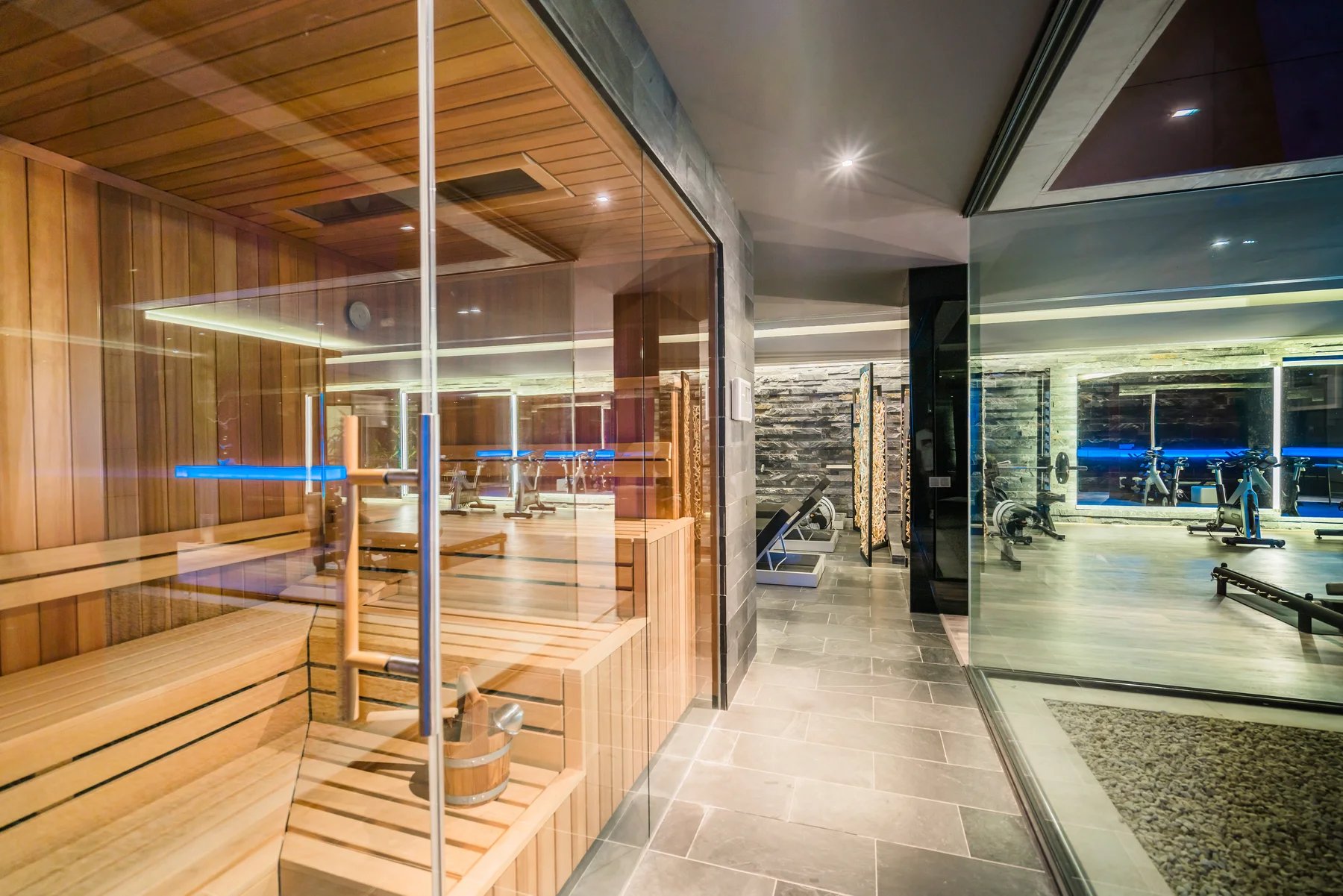 Spa area with sauna and glass gym