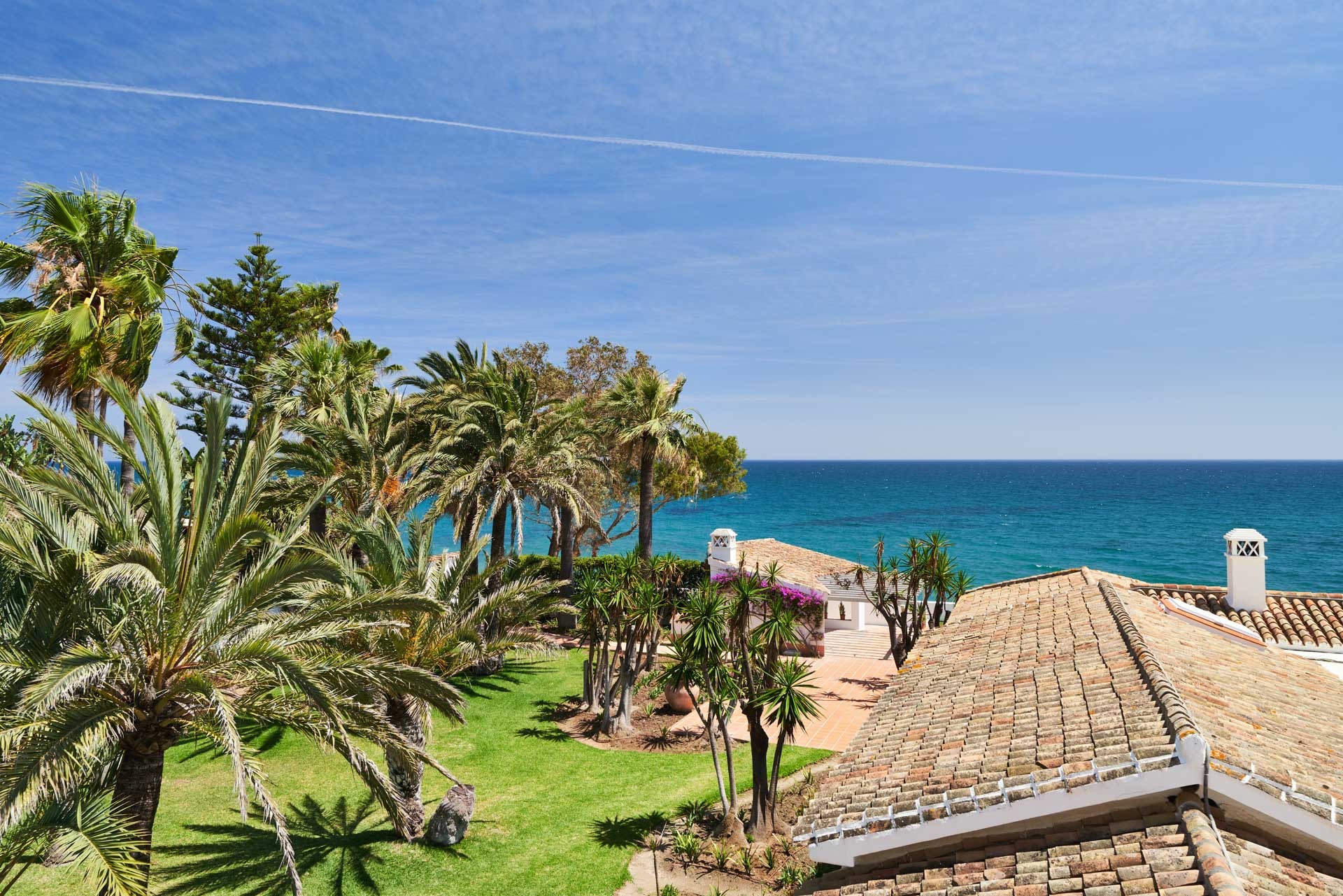 Palm gardens and tiled roofs by the sea