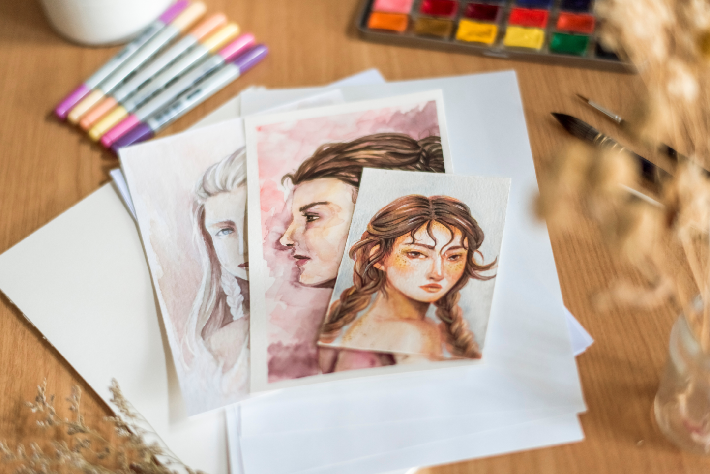 Portraitzeichnungen auf einem Tisch