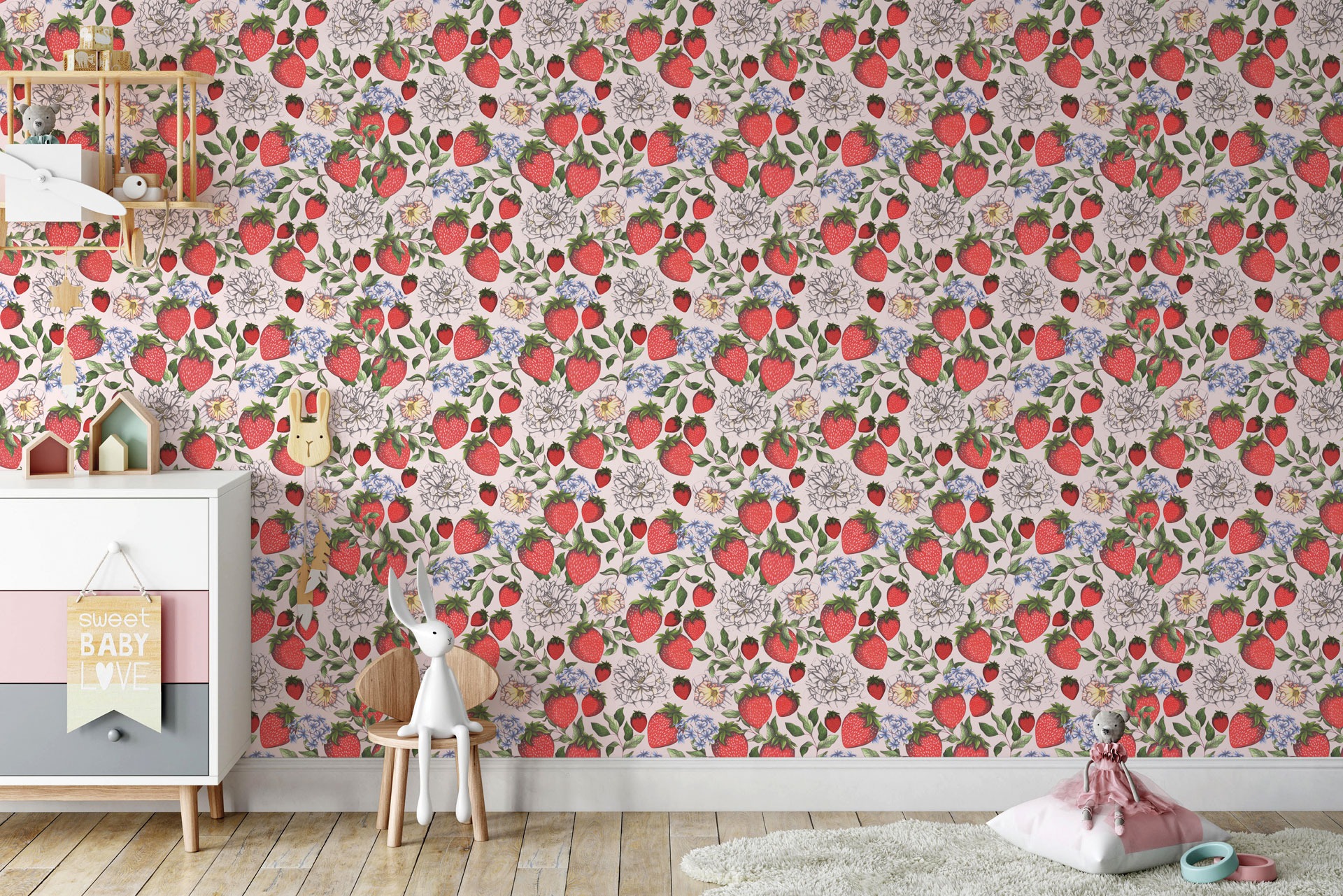 Kids Bedroom with a Strawberries Wallpaper