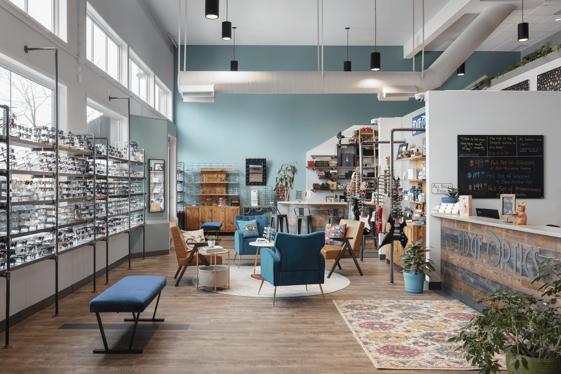 Interior of Edge Optics Fort Collins location, showing the fashion eyewear displays and unique decor