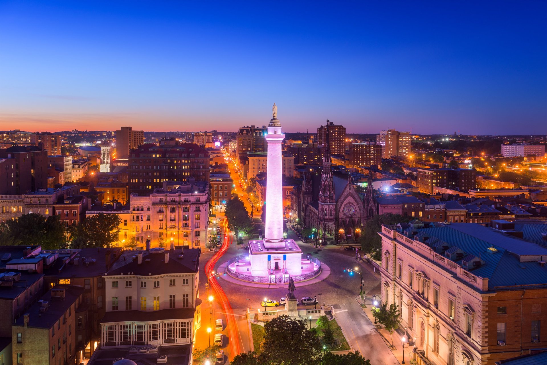Baltimore, Maryland, USA cityscape at Mt. Vernon and the Washington Monument dating from 1829.