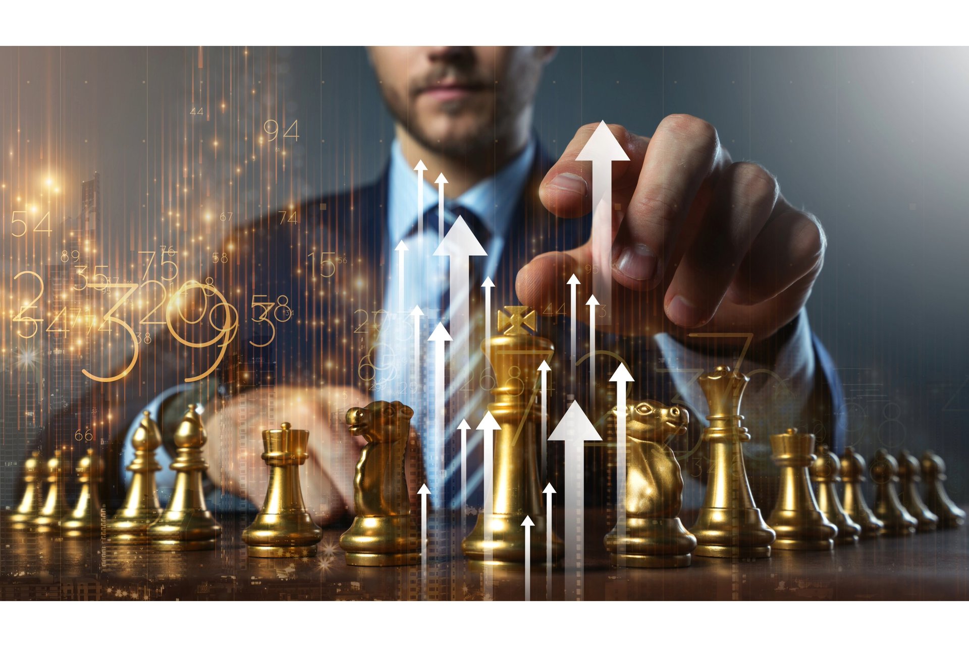 a man in a suit and tie is holding a chess piece, a picture demonstrating business strategy