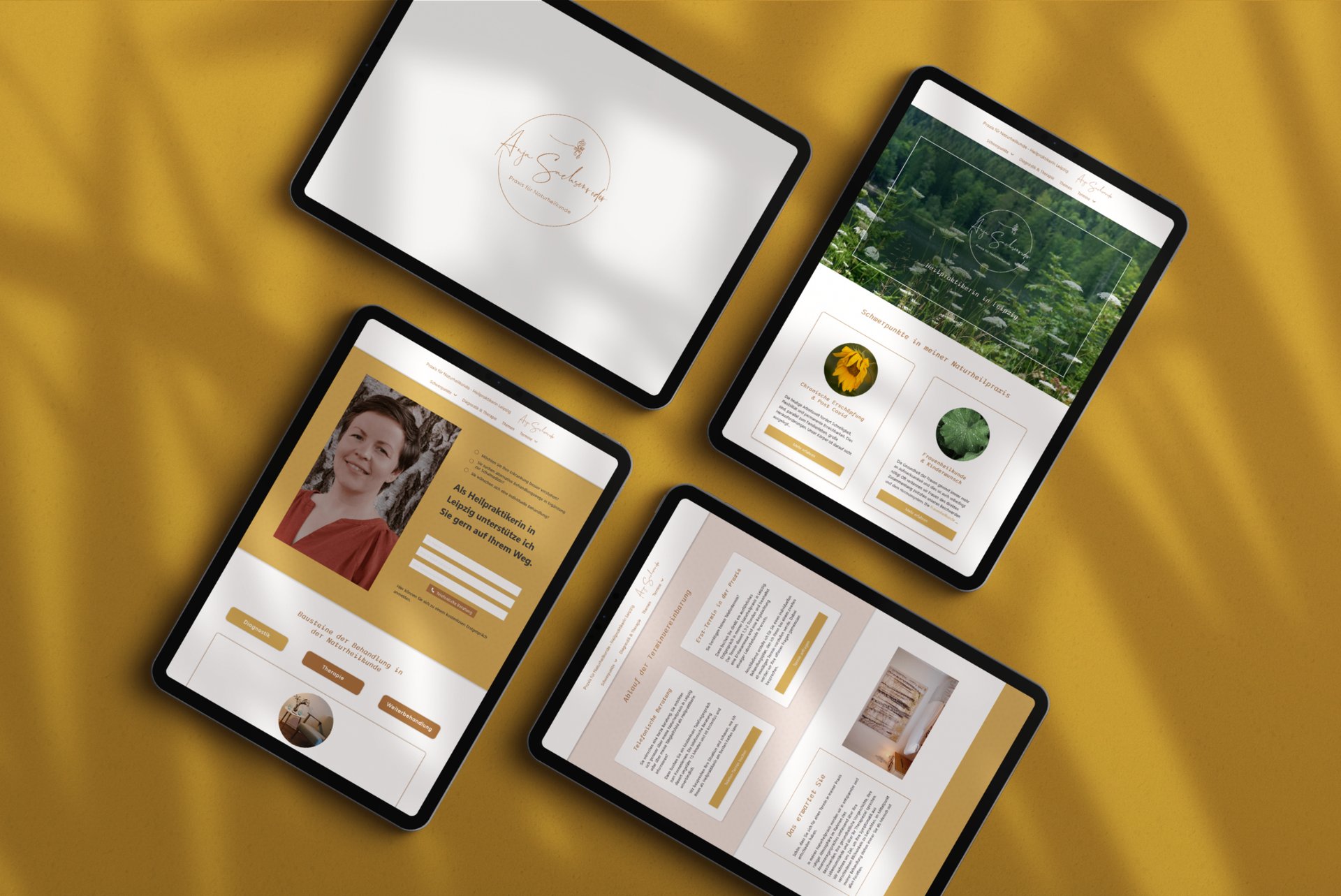 Tablets displaying a responsive health practitioner website design on a yellow background.