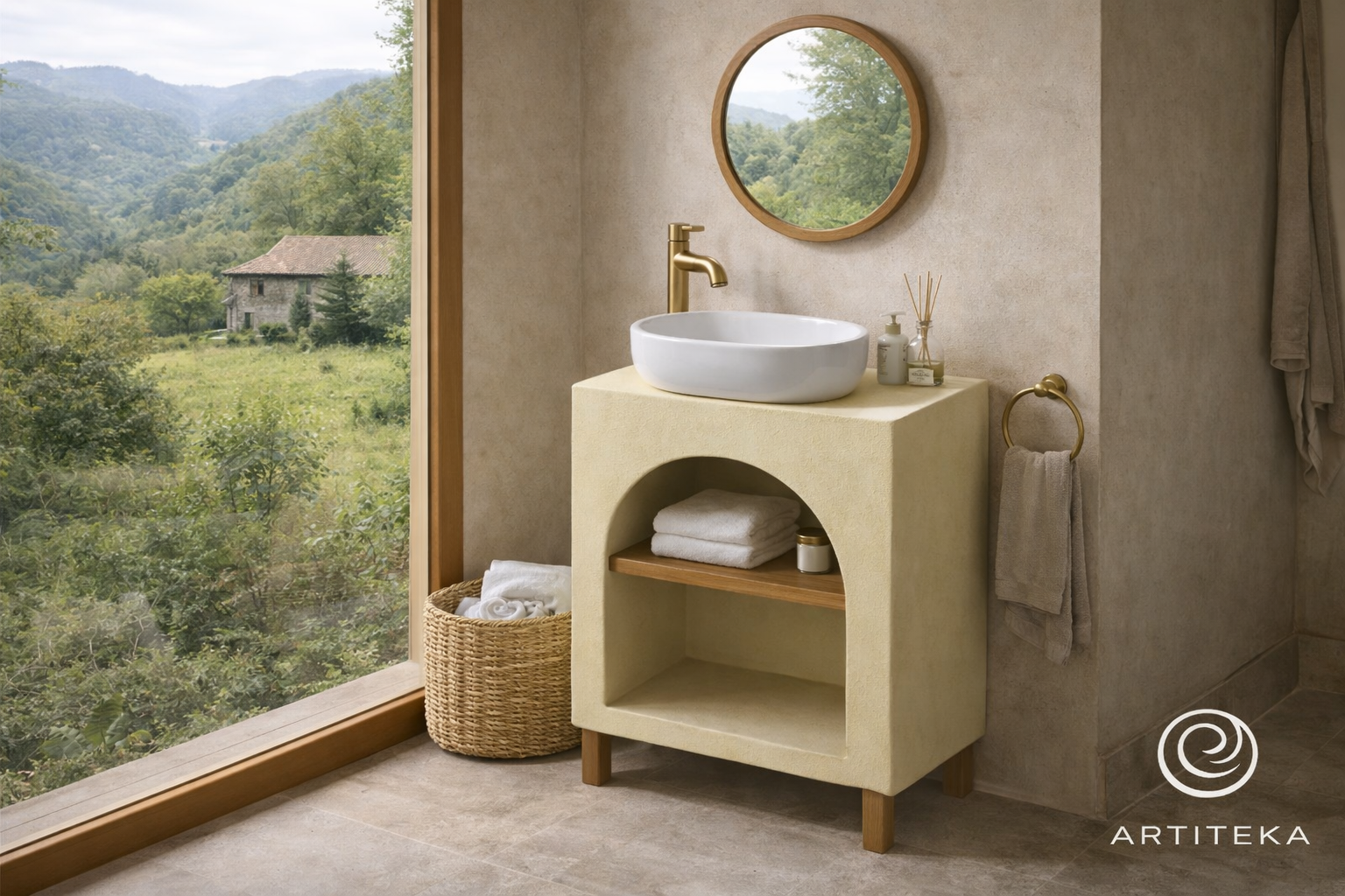 Mueble de lavabo de microcemento con repisa de madera maciza