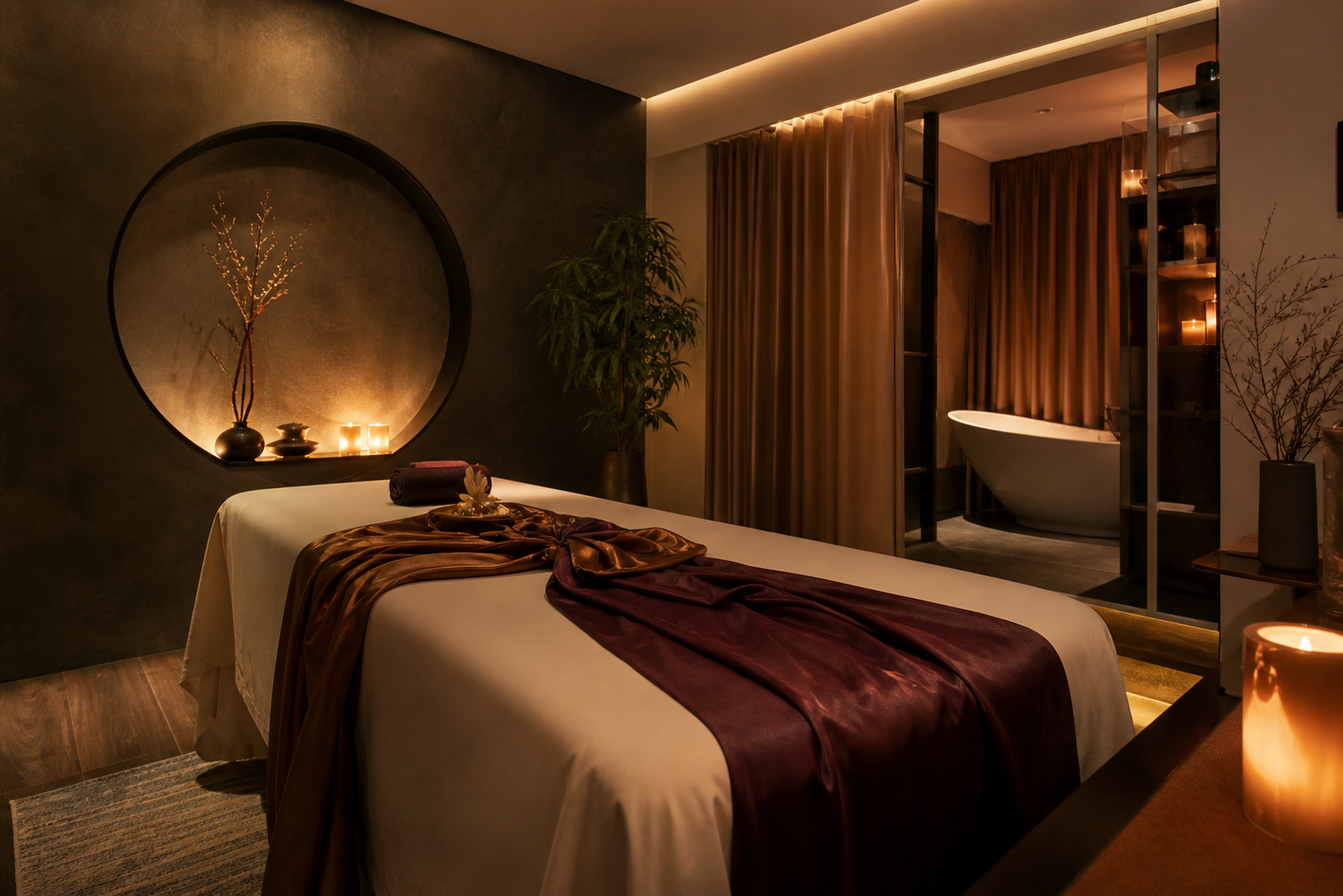 Ambiente tranquilo para experiência de tantra no Porto com iluminação suave e sensação de relaxamento mental.