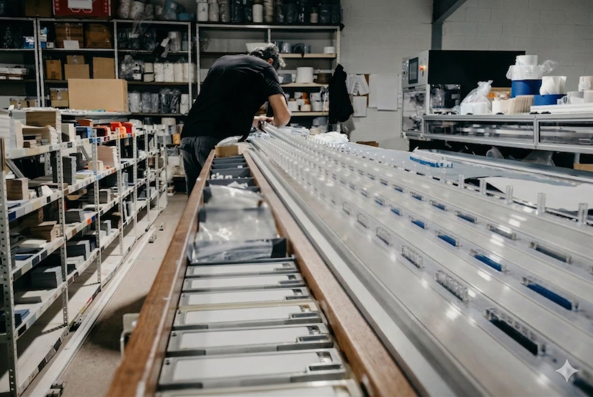 A worker assembling products on a long industrial production line in a manufacturing warehouse.