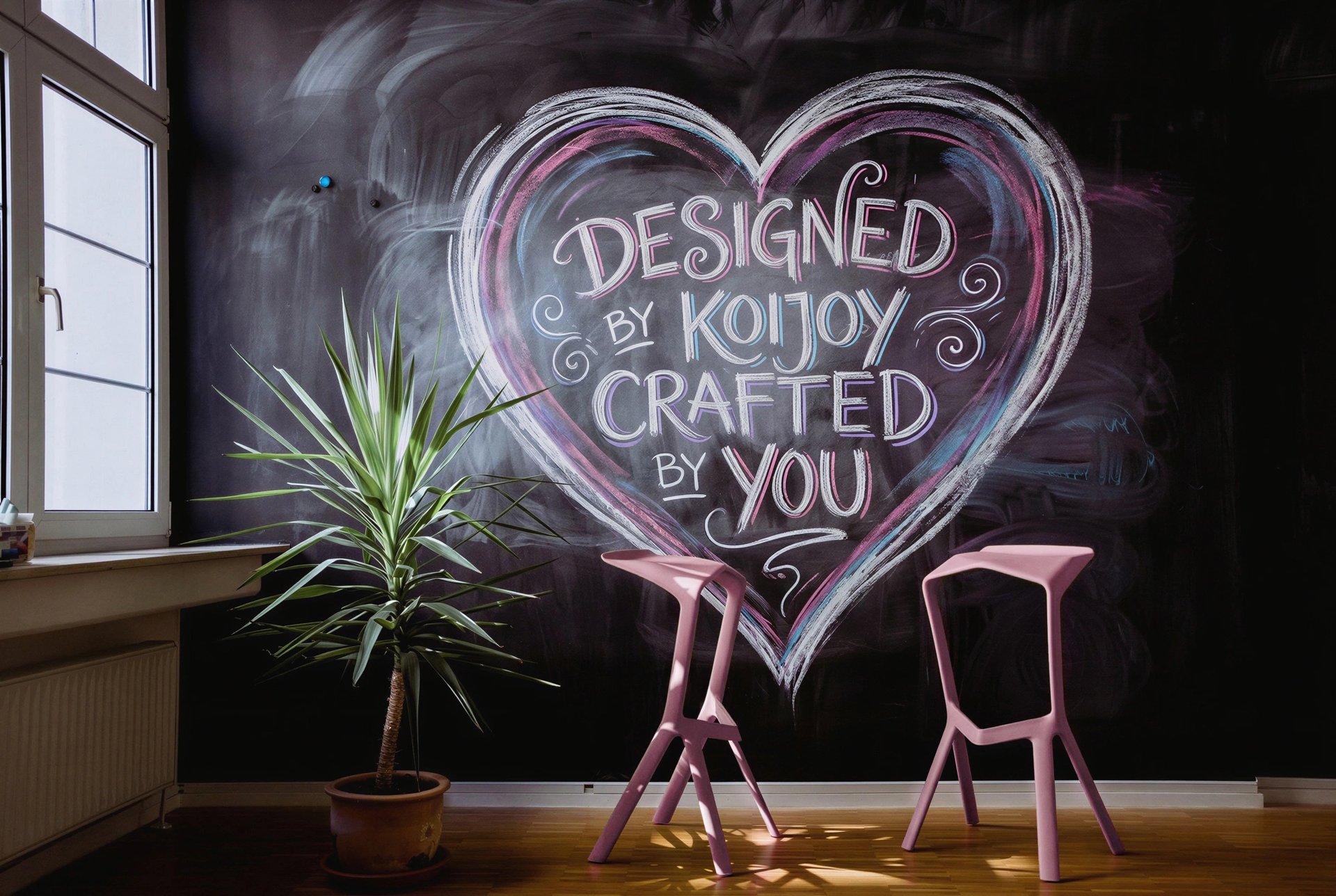 Design studio interior with sketch wall reading “designed by KOIJOY — crafted by you”