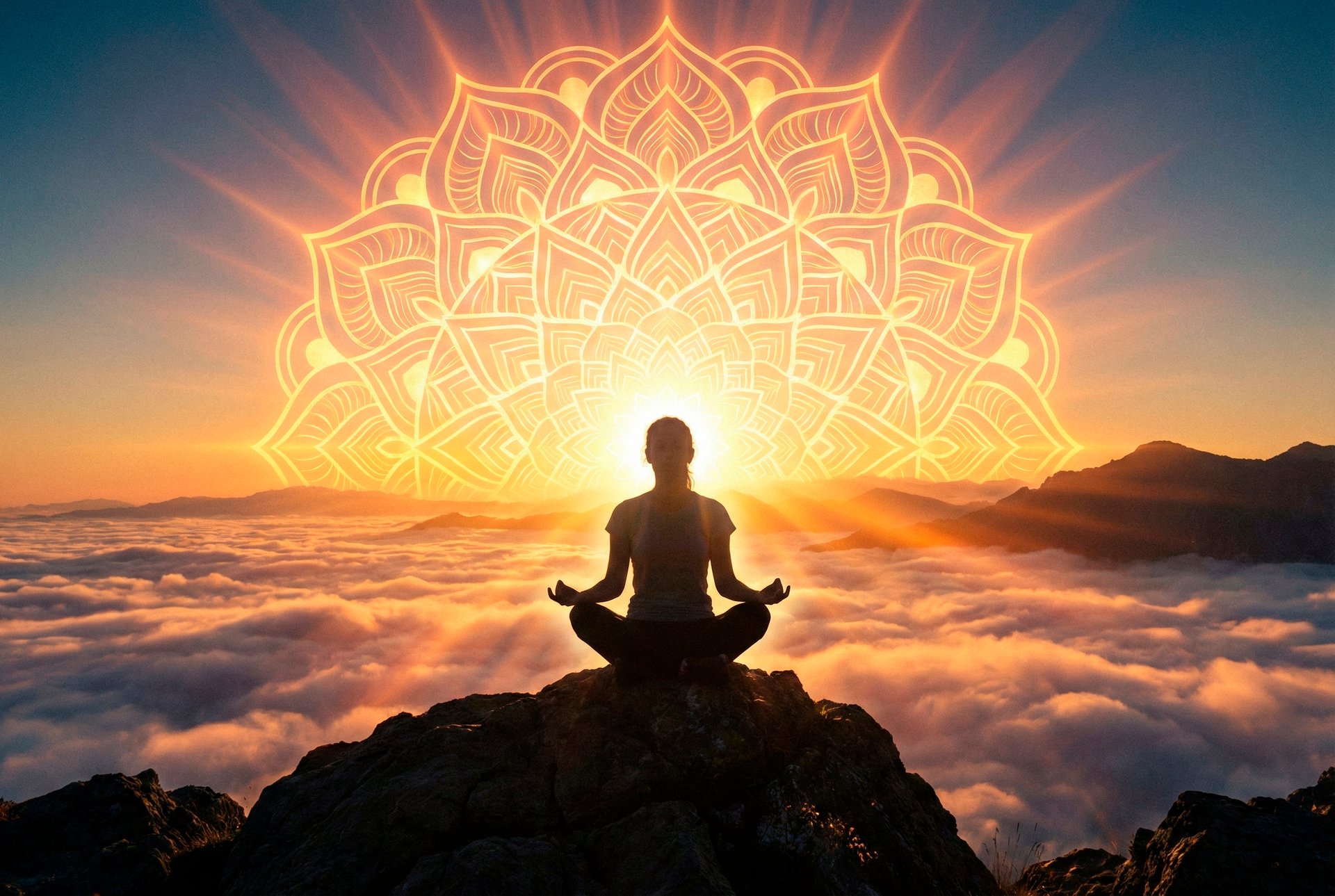 Uma mulher meditando no alto da montanha e a luz do sol formando uma mandala.
