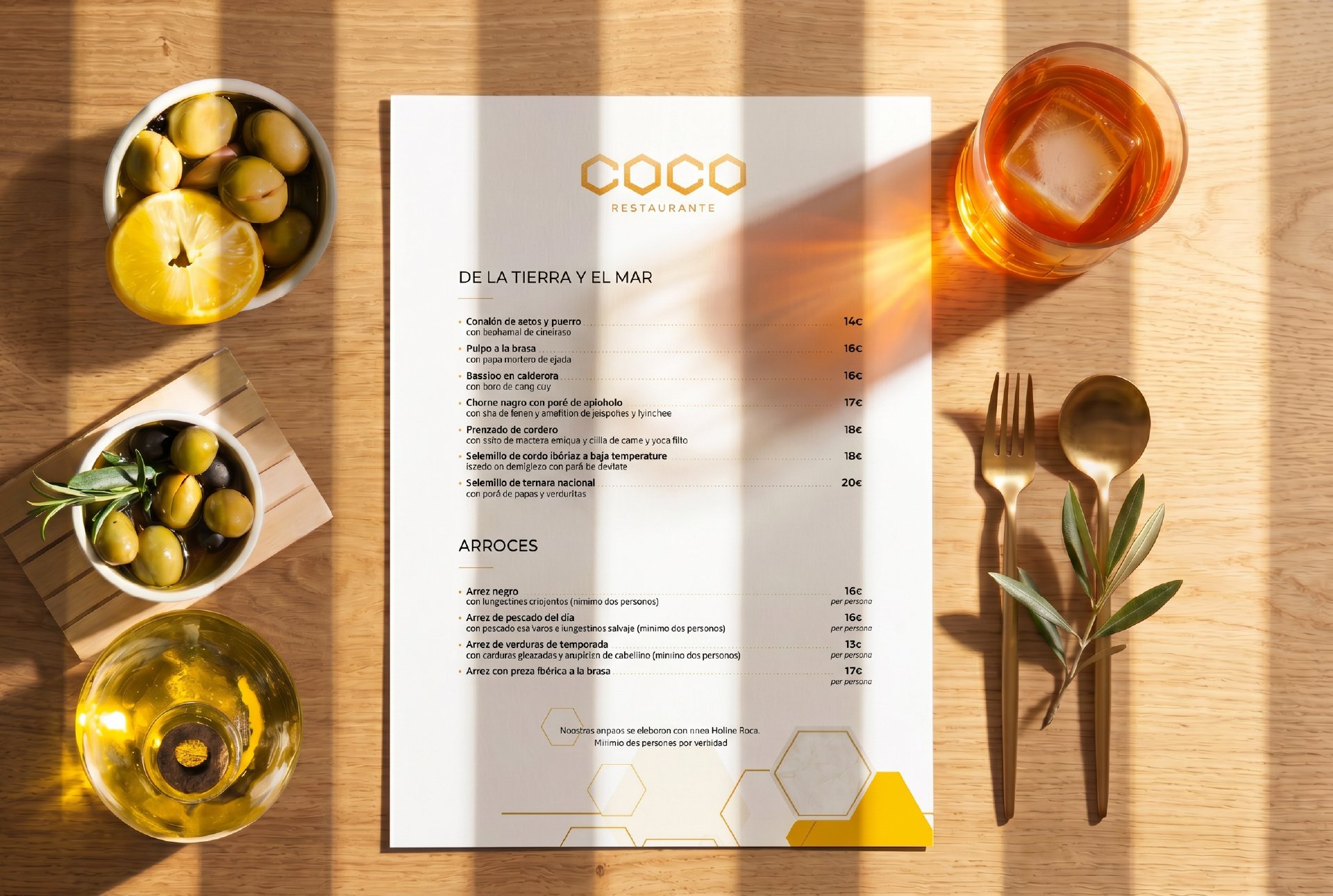 Menú de Coco sobre mesa de madera con elementos culinarios mediterráneos