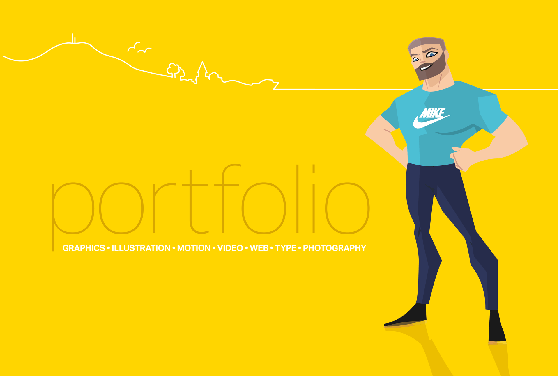 Digital illustration of a man for a design portfolio featuring graphics, motion, and web services.