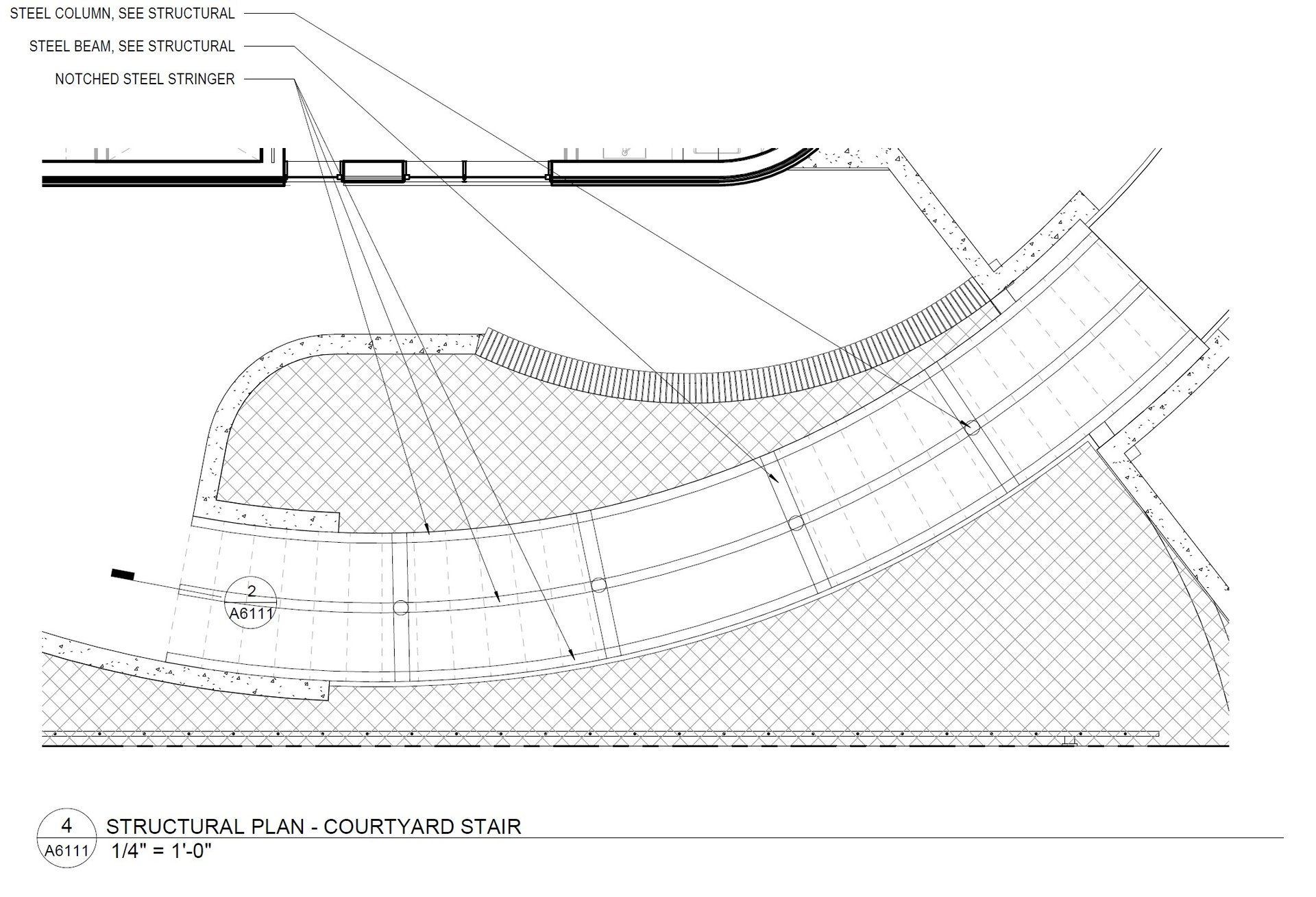 An architectural drawing of a curving stair