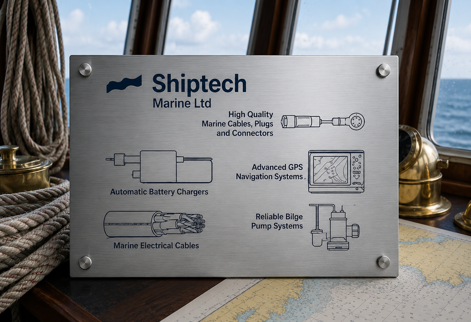 A Shiptech Marine Ltd sign showcasing marine electrical cables, GPS navigation, and battery chargers on a ship.
