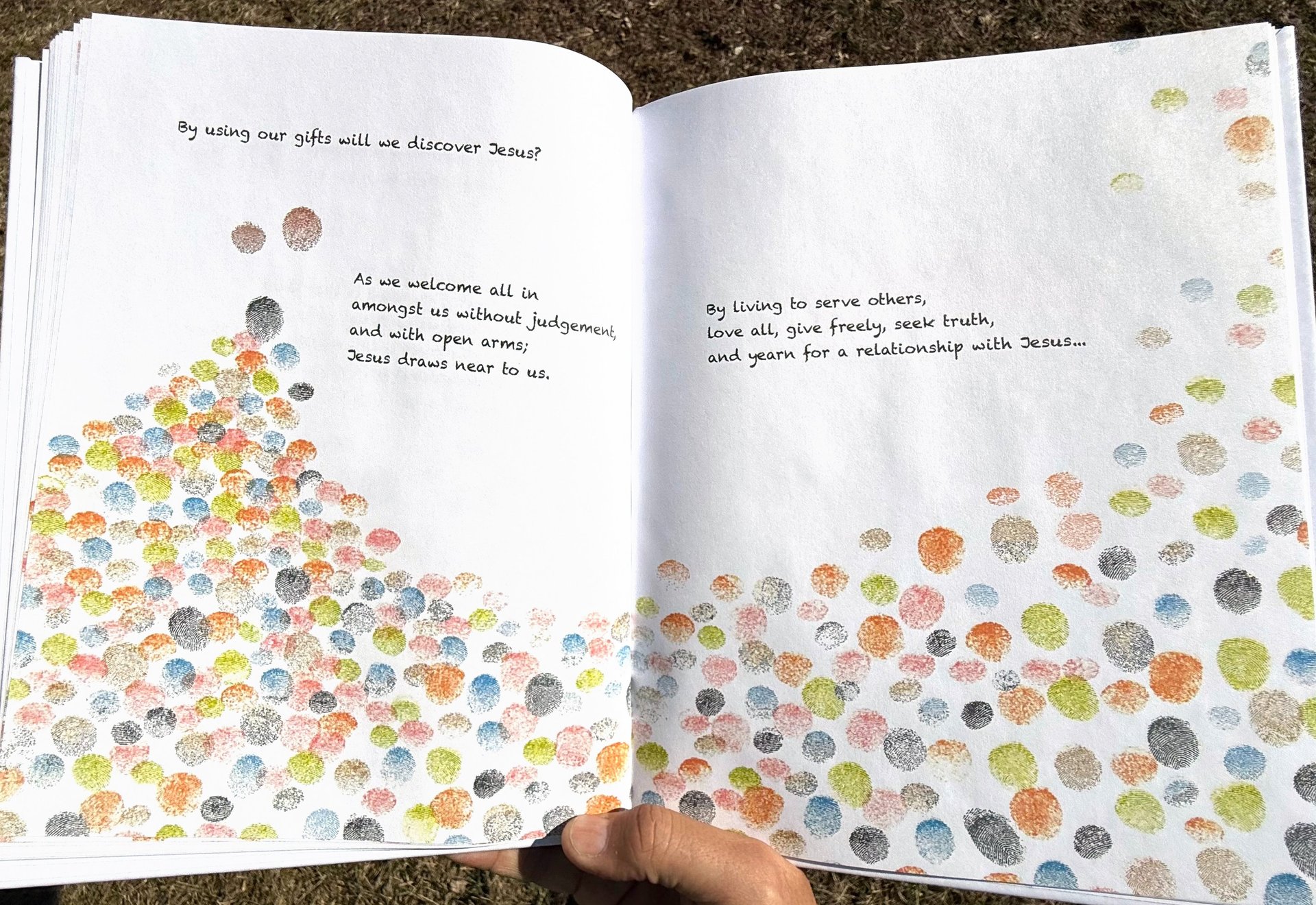 Interior of book SEEK with many fingerprint characters gathered