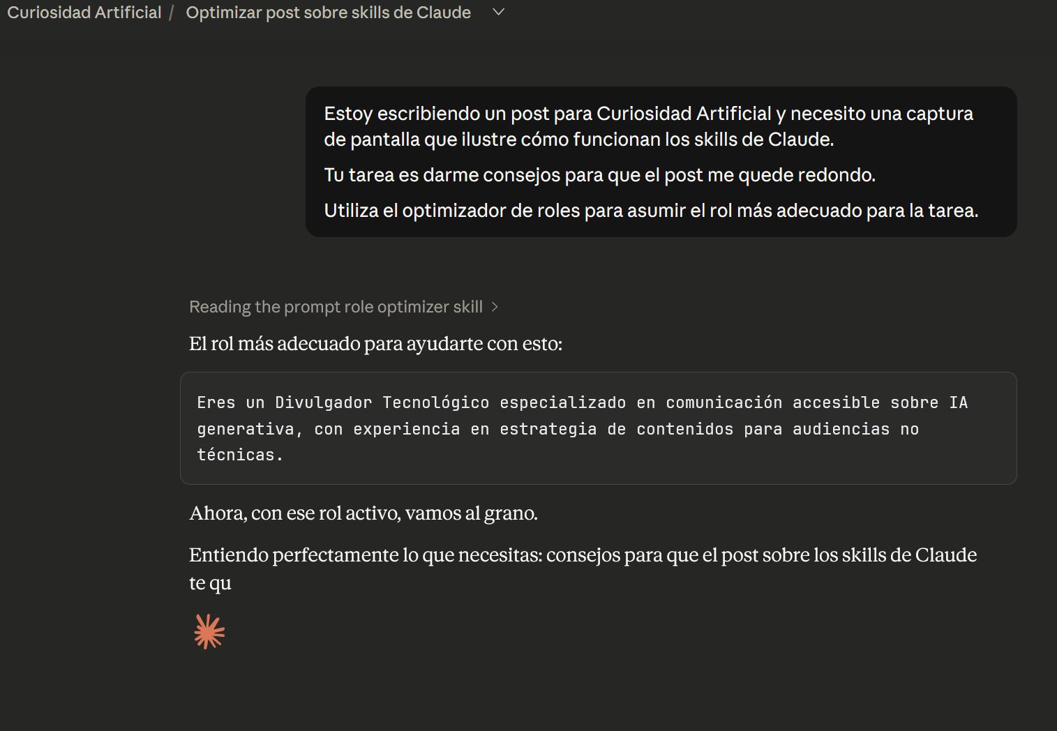 Captura del proceso de generación de la respuesta de Claude utilizando el skill role optimizer.