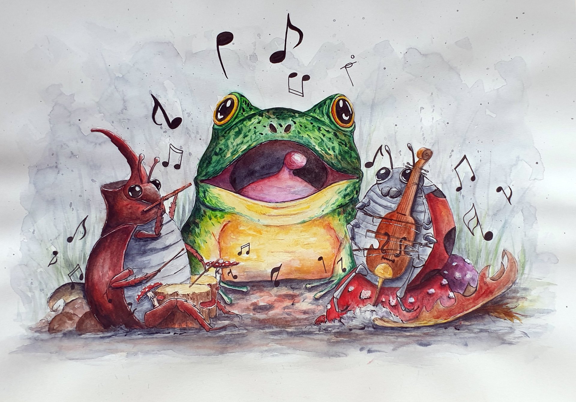 Illustration aquarelle d'une grenouille, un scarabée et une coccinelle qui font de la musique